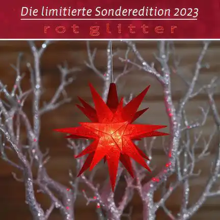 Herrnhuter Stern A1e Ø 13 cm Kunststoffstern inkl. LED - rot glitter - Sonderedition 2023  Wunderschöner und sehr hochwertiger Weihnachtsstern für Innen und Außen - das Original mit 25 Zacken