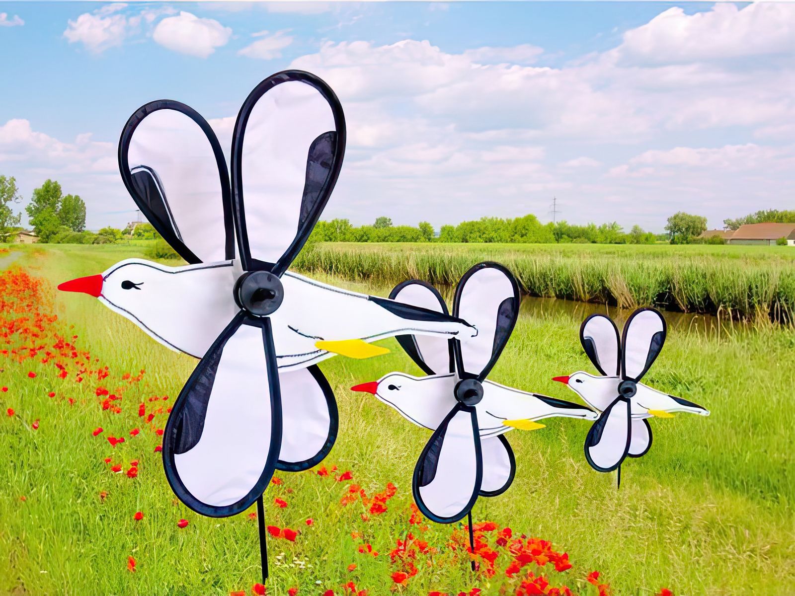 Windspiel stehend - Mini-Möwe 11 cm x 25 cm x 41 cm Höhe 43 cm weiß/schwarz