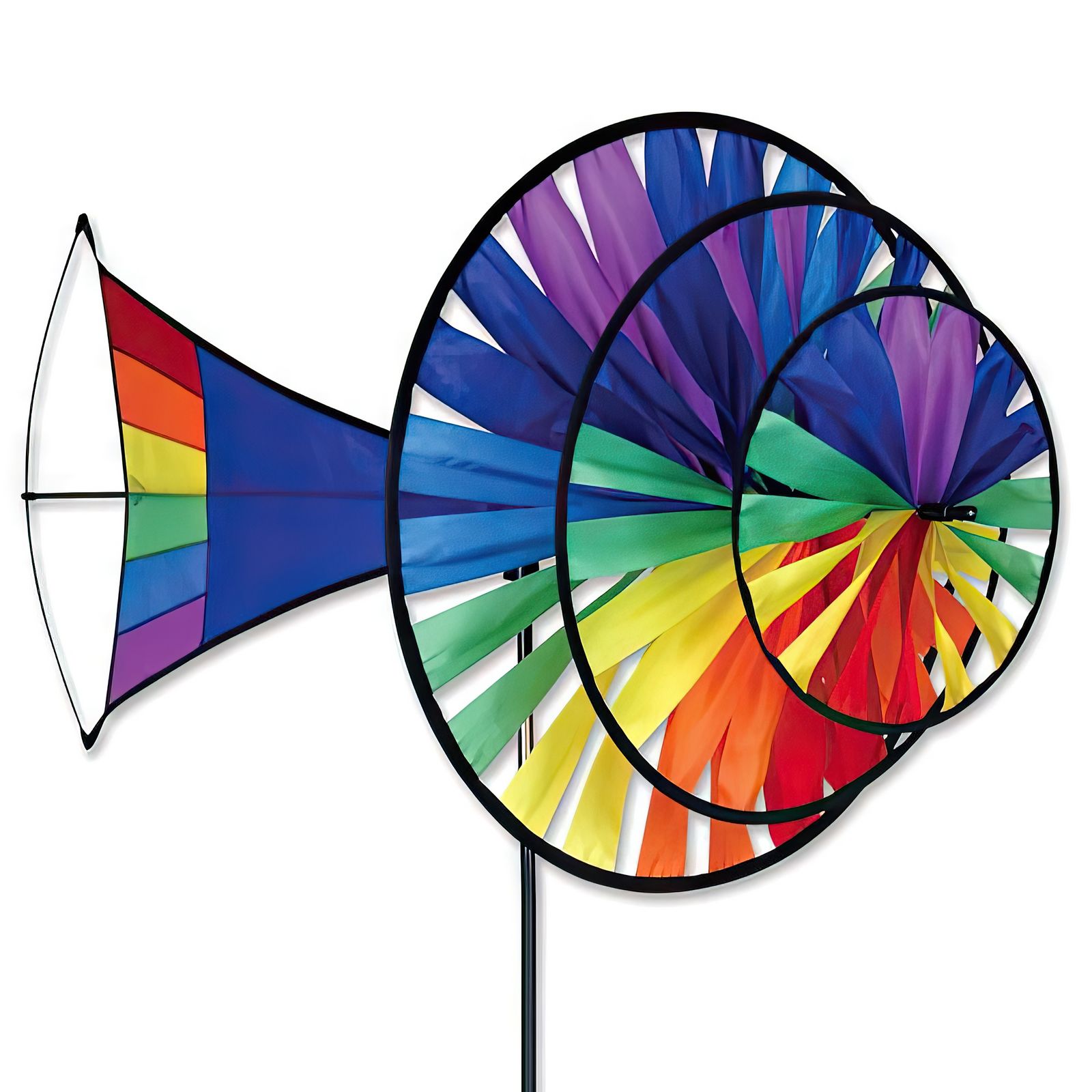 Windrad/stehendes Windspiel Large Rainbow Triple Spinner Ø 56 cm/45 cm/31 cm Ruder 60 cm x 41 cm Höhe 174 cm rainbow