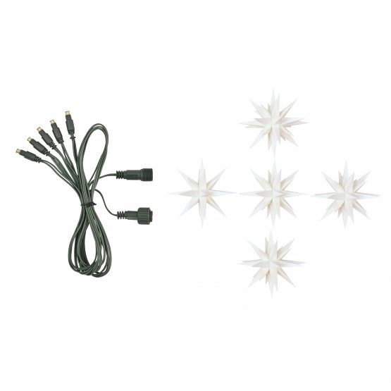 Herrnhuter Sternenkette / Lichterkette Erweiterungs-Set mit 5 Sternen Ø 8 cm Kunststoffstern - weiß LED Wunderschöne und sehr hochwertige Weihnachtsstern-Lichterkette für Innen und Außen - das Original mit 25 Zacken