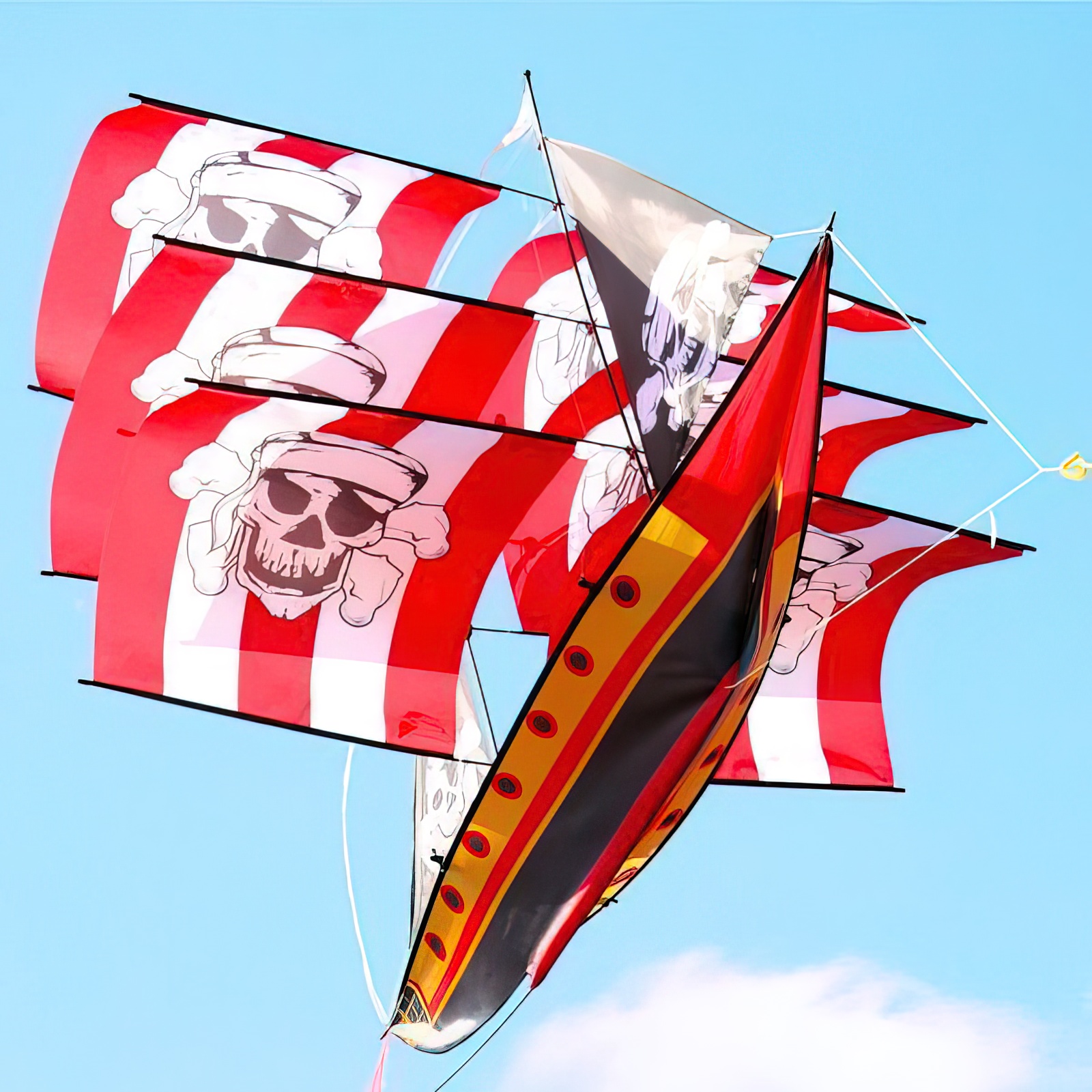 WindNSun - 3D-Einleiner-Drachen/Kinderdrachen (1-Leiner) rtf (flugfertig) Piratenschiff 90 cm x 70 cm Polyestertuch mit Druck Gfk-Gestänge rot/weiß/schwarz