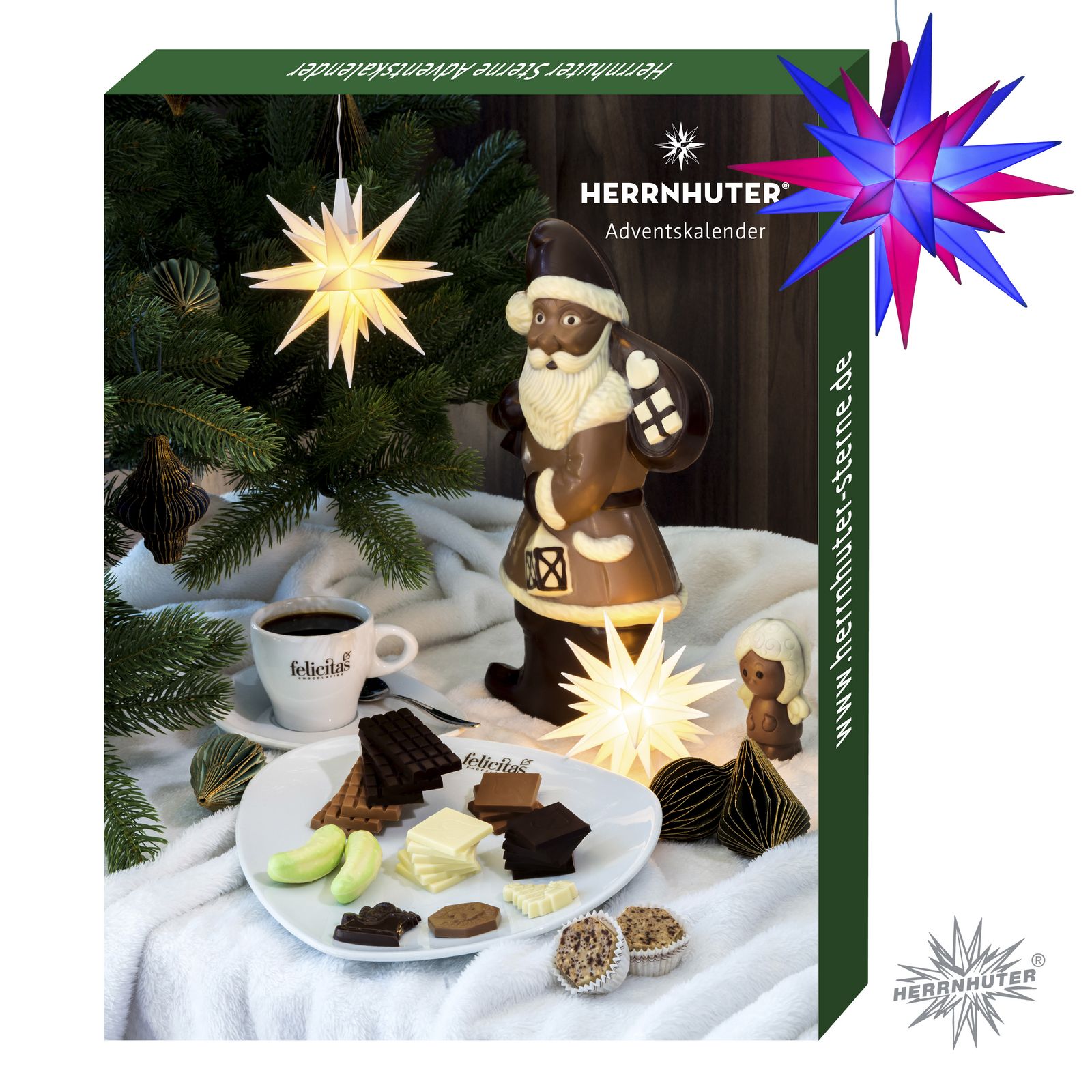 Herrnhuter Adventskalender 2025 inkl. Bausatz Ø 13 cm Kunststoffstern - dunkelblau/magenta LED Adventskalender mit einem Bausatz für einen wunderschönen und sehr hochwertigen Weihnachtsstern und feiner Schokolade - das Original mit 25 Zacken