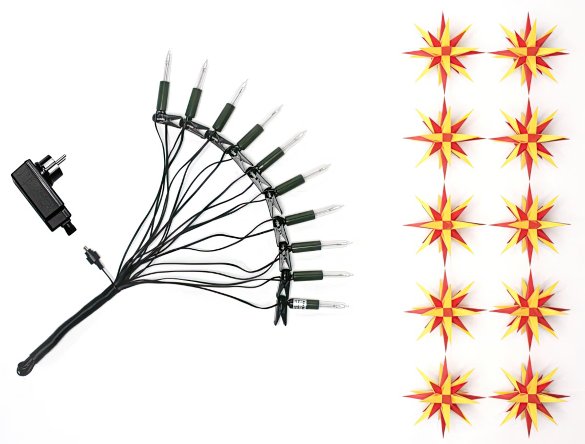 Herrnhuter Sternenkette / Lichterkette mit 10 Sternen Ø 13 cm Kunststoffstern - gelb / rot LED Wunderschöne und sehr hochwertige Weihnachtsstern-Lichterkette für Innen und Außen - das Original mit 25 Zacken