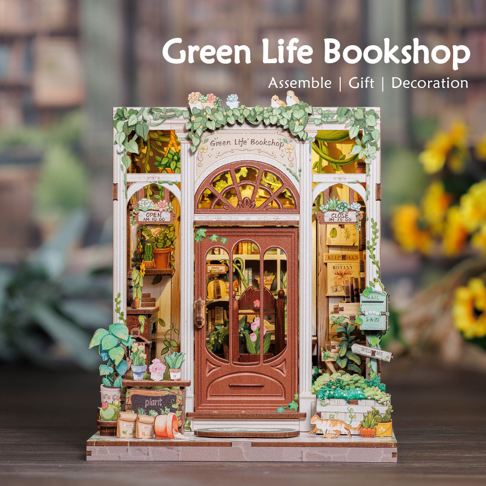 Cutebee DIY - Green Life Bookshop (DIY Book Nook-Diorama 16 x 15.5 x 18 cm) Book Nook-Bücherecken-Diorama (Holzbausatz)