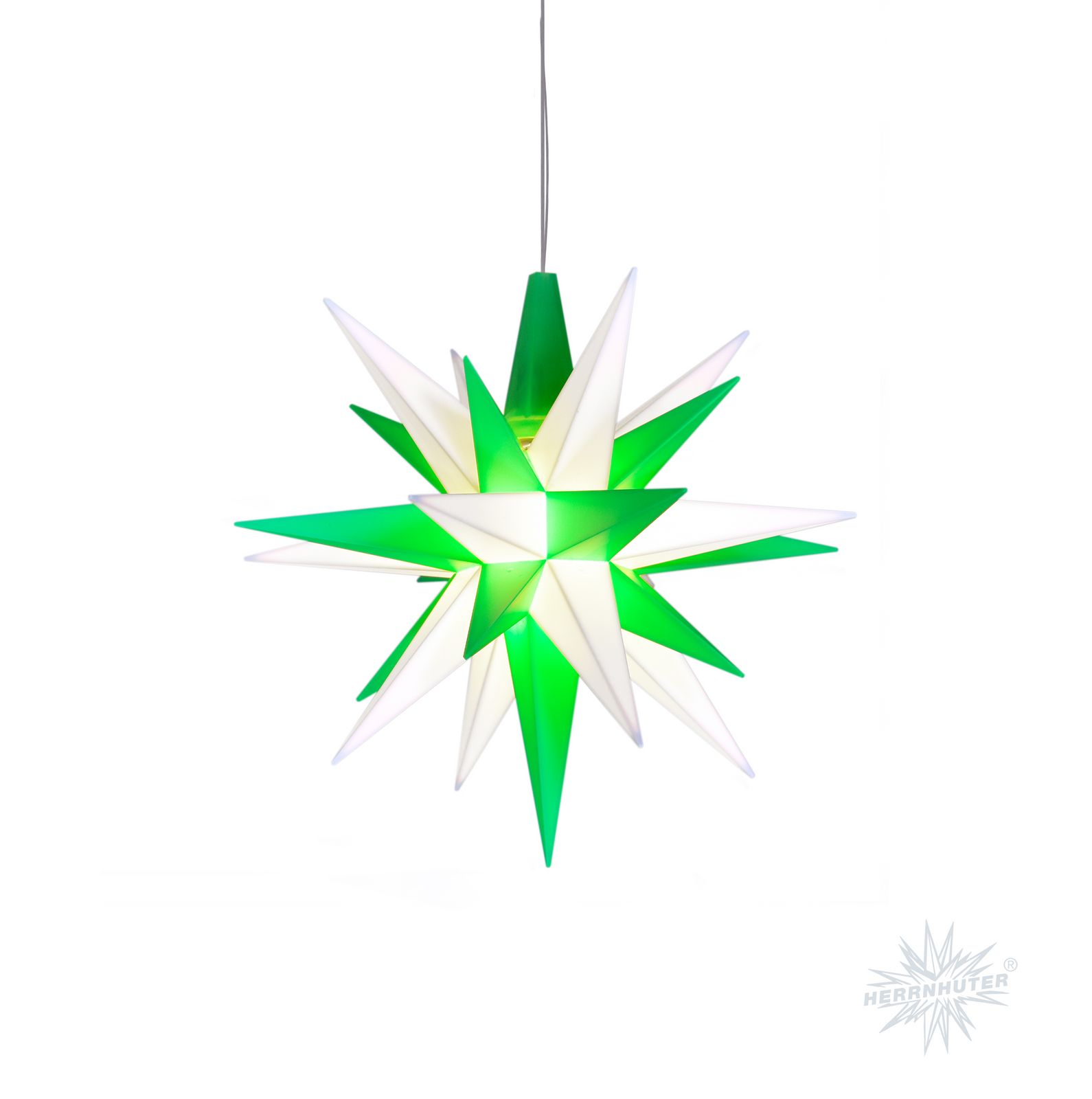Herrnhuter Stern A1e Ø 13 cm Kunststoffstern inkl. LED - grün/weiß Wunderschöner und sehr hochwertiger Weihnachtsstern für Innen und Außen - das Original mit 25 Zacken