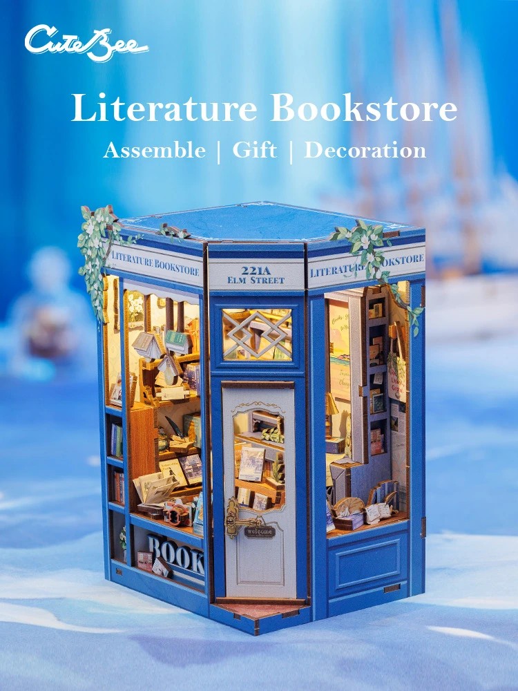 Cutebee DIY - Literature Bookstore (DIY Book Nook-Diorama 10 x 11.5 x 17 cm) Book Nook-Bücherecken-Diorama (Holzbausatz)