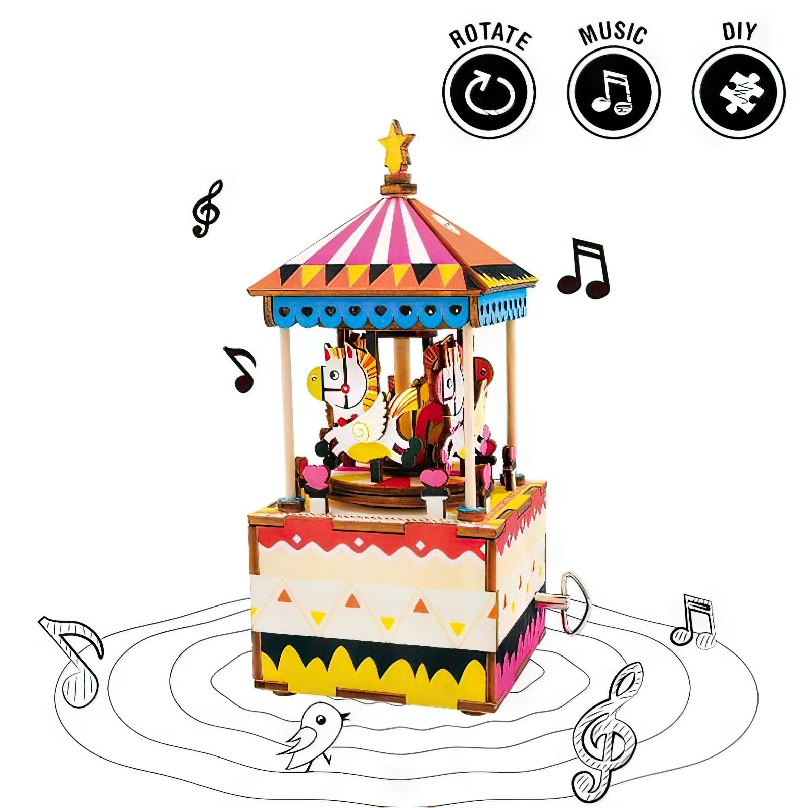 Robotime - DIY Music Box - Merry-Go-Round (DIY-Spieluhr 7.3 x 8 x 17 cm) Karussell-Spieluhr - Lied "You Are My Sunshine" (Holzbausatz)