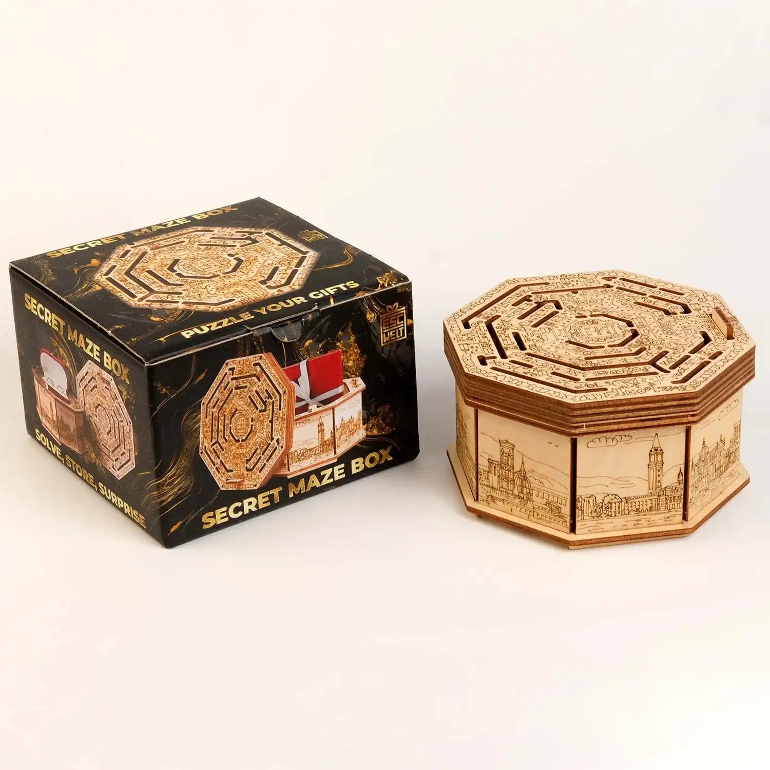 ESCAPE WELT - Secret Maze Box - Geschenkbox (12 x 12 cm x 7.5 cm) Holz Box