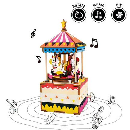 11111Robotime - DIY Music Box - Merry-Go-Round (DIY-Spieluhr 7.3 x 8 x 17 cm) Karussell-Spieluhr - Lied "You Are My Sunshine" (Holzbausatz)