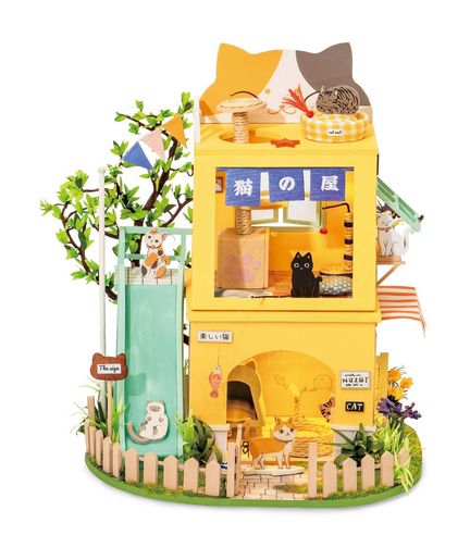 11111Robotime - DIY Miniaturhaus - Cat House (DIY House - 18.5 x 19.5 x 22 cm) (Holzbausatz)
