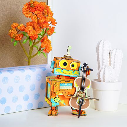 Robotime - DIY Music Box - Little Performer (DIY-Spieluhr 12.1 x 8.1 x 16.7 cm) Musizierender Roboter-Spieluhr - Lied "A Friend Of Mine" (Holzbausatz)