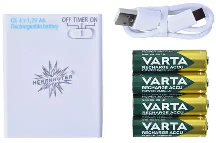 Herrnhuter Sterne AKKU-Batteriehalter mit Timer inkl. 4 Akku-Batterien zur Beleuchtung von 1x Stern (A1e / A1b / I1) oder 3x Miniaturstern; nur für den Innenbereich