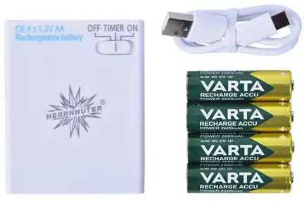 Herrnhuter Sterne AKKU-Batteriehalter mit Timer inkl. 4 Akku-Batterien zur Beleuchtung von 1x Stern (A1e / A1b / I1) oder 3x Miniaturstern; nur für den Innenbereich