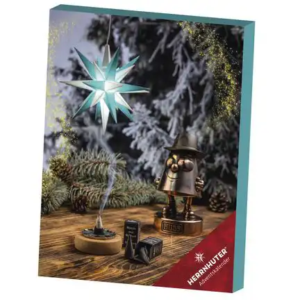 Herrnhuter Adventskalender 2026 inkl. Bausatz Ø 13 cm Kunststoffstern - weiß/türkis LED Adventskalender mit einem Bausatz für einen wunderschönen und sehr hochwertigen Weihnachtsstern - das Original mit 25 Zacken - und Räucherkerzen
