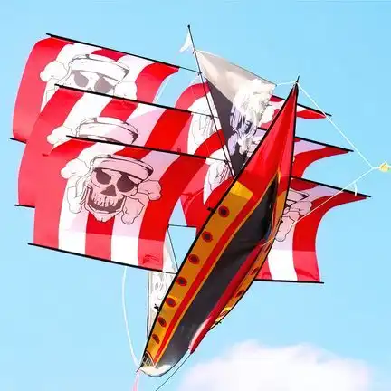 11111WindNSun - 3D-Einleiner-Drachen/Kinderdrachen (1-Leiner) rtf (flugfertig) Piratenschiff 90 cm x 70 cm Polyestertuch mit Druck Gfk-Gestänge rot/weiß/schwarz